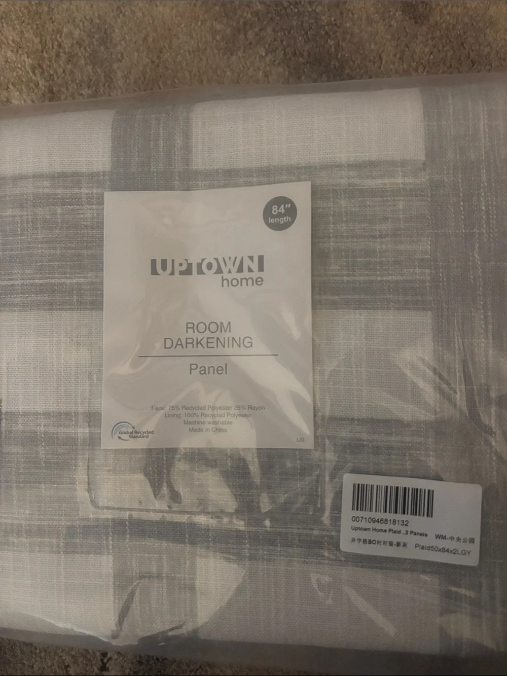 White Light Grey Plaid Blackout Window Curtain Panel 50